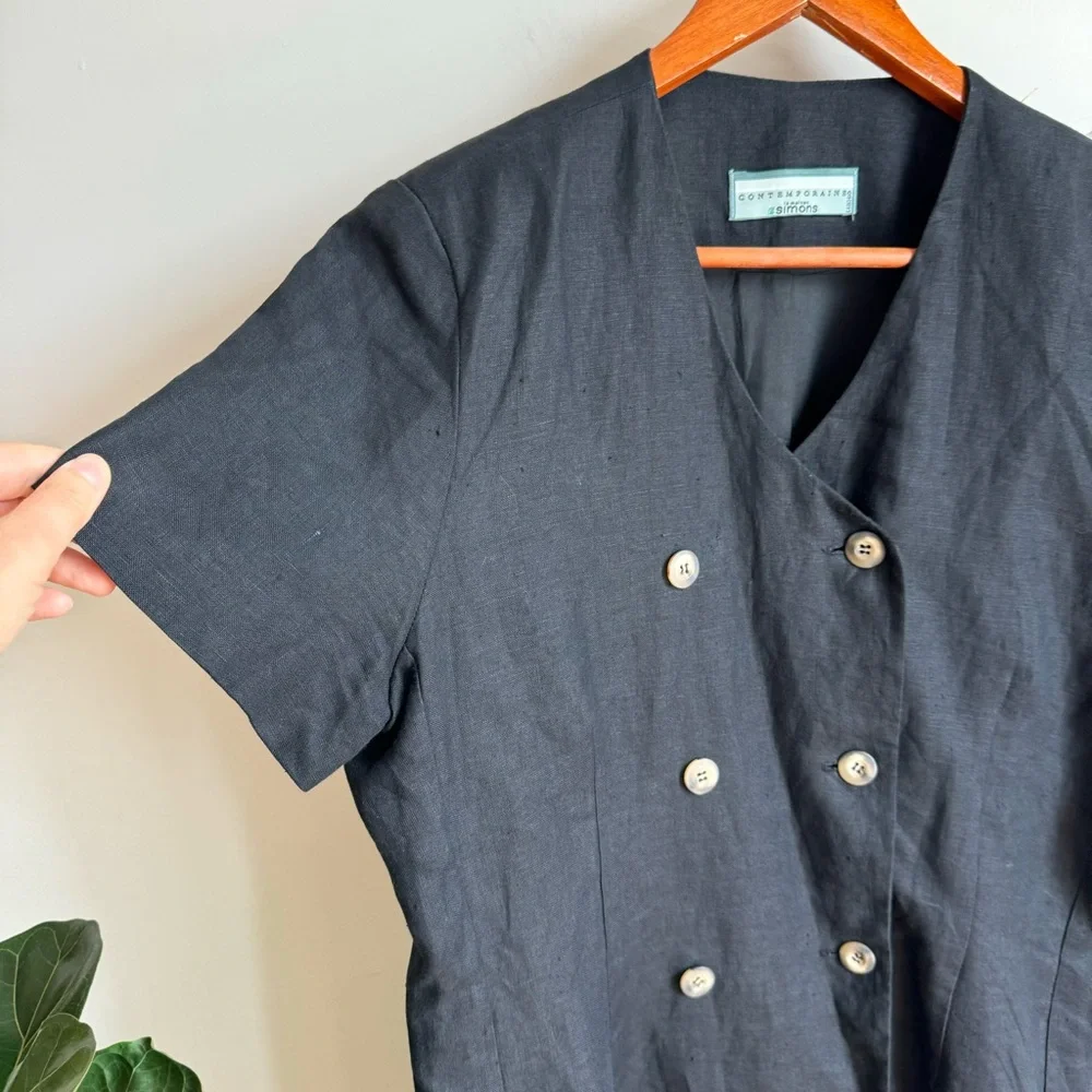 Simons Vintage Contemoraine Black Midi 100% Linen Dress Size 12 Double Buttons - Picture 6 of 11